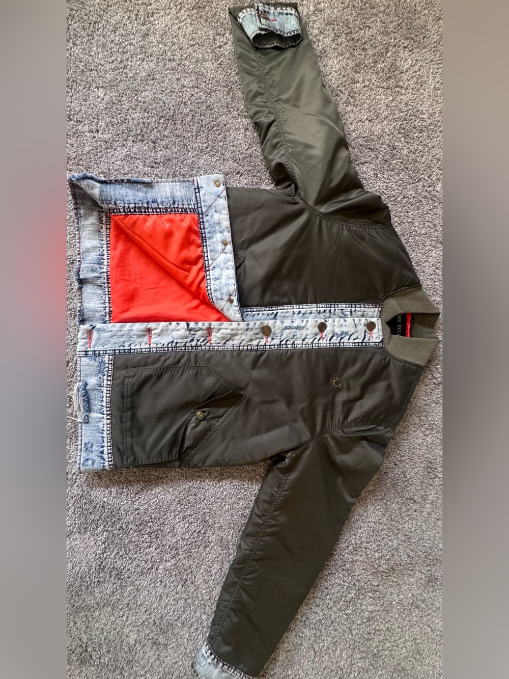 Men's Olive Green Bomber Jacket with Denim Trim